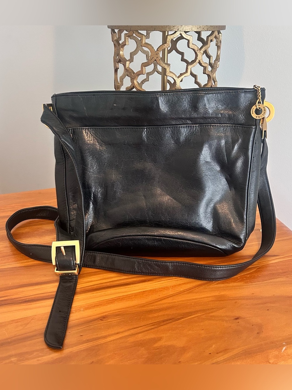 Vintage Perlina, Black Leather Crossbody Shoulder Bag